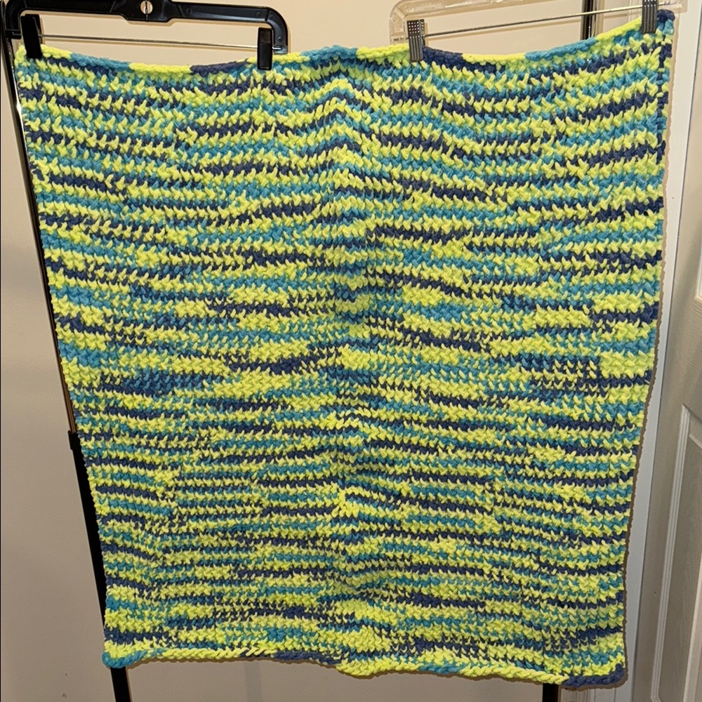 Handmade Knitted Blanket in Blue and Yellow